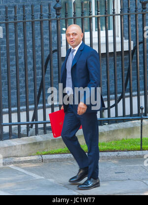 London, UK. 13th June, 2017. Secretary of State for Communities and Local Government Sajid Javid arrives at Downing Street. Prime Minister will hosts leader of the DUP for talks, as May seeks to negotiate a deal for Unionist support for a Conservative minority government. Theresa May announced following last week's General Election that she would be seeking to form a government alongside the DUP after the Conservative Party failed to secure an overall majority in the House of Commons. Credit: Michael Tubi/Alamy Live News Stock Photo