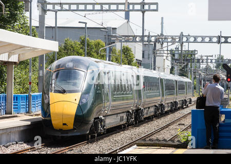 Slough, UK. 13th June, 2017. The prototype Great Western Railway intercity hybrid train on which the Queen and Duke of Edinburgh travelled from Slough to London Paddington to recreate the historic first rail journey by a monarch made by Queen Victoria on 13th June 1842. A bi-mode train with a top speed of 125mph, it is designed for use on new electric lines but its small diesel engine also enables it to be run on older lines. Credit: Mark Kerrison/Alamy Live News Stock Photo