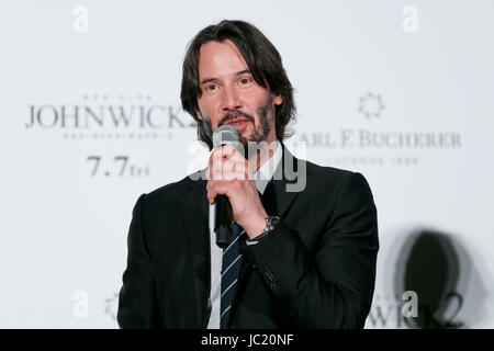 Tokyo, Japan. 13th Jun, 2017. Actor Keanu Reeves speaks during a premiere for his movie John Wick: Chapter 2, on June 13, 2017, Tokyo, Japan. Reeves and director Chad Stahelski came to Japan to promote ''John Wick: Chapter 2, '' a much awaited sequel to their 2014 hit ''John Wick, '' which hits Japanese theaters on July 7. Credit: Rodrigo Reyes Marin/AFLO/Alamy Live News Stock Photo
