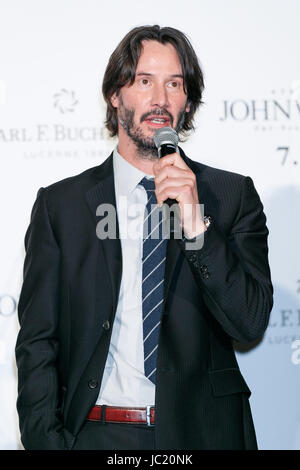 Tokyo, Japan. 13th Jun, 2017. Actor Keanu Reeves speaks during a premiere for his movie John Wick: Chapter 2, on June 13, 2017, Tokyo, Japan. Reeves and director Chad Stahelski came to Japan to promote ''John Wick: Chapter 2, '' a much awaited sequel to their 2014 hit ''John Wick, '' which hits Japanese theaters on July 7. Credit: Rodrigo Reyes Marin/AFLO/Alamy Live News Stock Photo