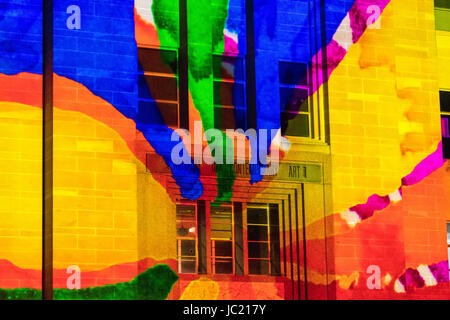 Sydney, Australia. 13th June, 2017. Vivid Sydney Light Festival on the 13th of June. The Vivid Sydney Light festival will run from the 26th of May through to the 17th of June and is one of the largest festivals of its kind in the world. Pictured is the light installation 'Organic Vibrations' projected on the Museum of Contemporary Art Australia (MCA). Credit: mjmediabox/Alamy Live News Stock Photo