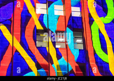 Sydney, Australia. 13th June, 2017. Vivid Sydney Light Festival on the 13th of June. The Vivid Sydney Light festival will run from the 26th of May through to the 17th of June and is one of the largest festivals of its kind in the world. Pictured is the light installation 'Organic Vibrations' projected on the Museum of Contemporary Art Australia (MCA). Credit: mjmediabox/Alamy Live News Stock Photo