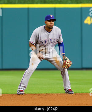 Houston, TX, USA. 12th June, 2017. Texas Rangers shortstop Elvis Andrus (1) waits for a pitch during the MLB game between the Texas Rangers and the Houston Astros at Minute Maid Park in Houston, TX. John Glaser/CSM/Alamy Live News Stock Photo
