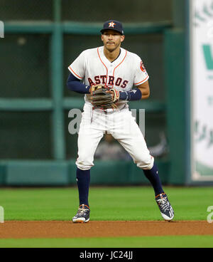 Houston, TX, USA. 12th June, 2017. Houston Astros shortstop Carlos Correa (1) waits for a pitch during the MLB game between the Texas Rangers and the Houston Astros at Minute Maid Park in Houston, TX. John Glaser/CSM/Alamy Live News Stock Photo