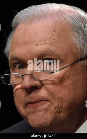 Washington, USA. 13th June, 2017. U.S. Attorney General Jeff Sessions testifies before the U.S. Senate Intelligence Committee on Capitol Hill, in Washington, DC, the United States, on June 13, 2017. U.S. Attorney General Jeff Sessions on Tuesday strongly denied the accusation that he colluded with Russia during last year's Donald Trump campaign, calling it an 'appalling and detestable lie.' Credit: Yin Bogu/Xinhua/Alamy Live News Stock Photo