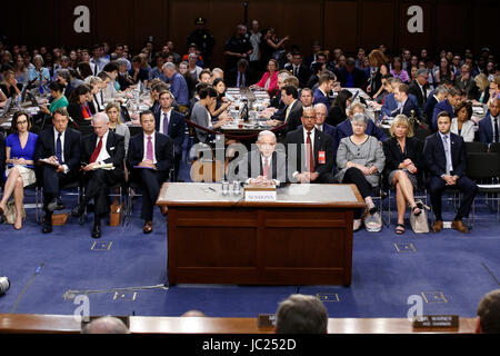 Washington DC, USA. 13th June, 2017. United States Attorney General Jeff Sessions gives testimony before the US Senate Select Committee on Intelligence to 'examine certain intelligence matters relating to the 2016 United States election' on Capitol Hill in Washington, DC on Tuesday, June 13, 2017. In his prepared statement Attorney General Sessions said it was an 'appalling and detestable lie' to accuse him of colluding with the Russians. Credit: Alex Brandon/Pool via CNP /MediaPunch Credit: MediaPunch Inc/Alamy Live News Stock Photo