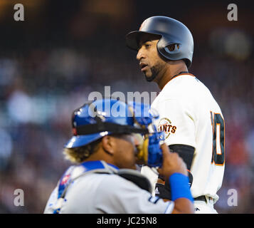 San Francisco, California, USA. 13th June, 2017. San Francisco Giants third baseman Eduardo Nunez (10), not happy with the call as he strikes out in the first inning, looks back at umpire Tim Timmons (95) during the first inning of a MLB baseball game between the Kansas City Royals and the San Francisco Giants on ''Say Hey Tuesday'' at AT&T Park in San Francisco, California. Valerie Shoaps/CSM/Alamy Live News Stock Photo