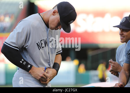 Anaheim, California, USA. 13th June, 2017. June 13, 2017: New York Yankees right fielder Aaron Judge #99 signs autographs for fans before the game between the New York Yankees and Los Angeles Angels of Anaheim, Angel Stadium in Anaheim, CA, Photographer: Peter Joneleit Credit: Cal Sport Media/Alamy Live News Stock Photo