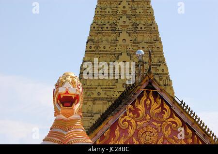 Burmese temple with lion in traditional architecture in Sangkhlaburi, Thailand Stock Photo