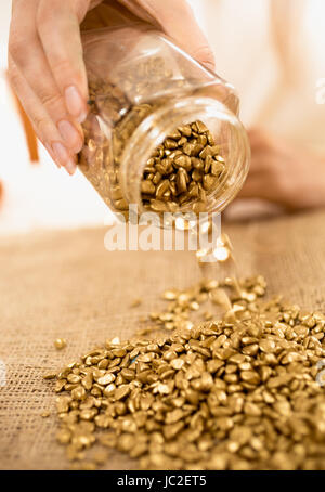 Closeup photo of woman holding bullion full of gold nuggets Stock Photo