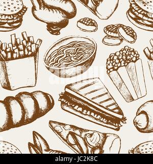 Fast food - one color hand drawn seamless pattern Stock Vector