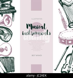 Musical Instruments - hand drawn vintage banner. Stock Vector