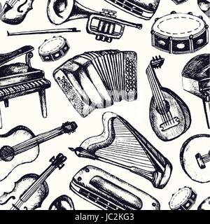 Musical Instruments - one color hand drawn seamless pattern Stock Vector
