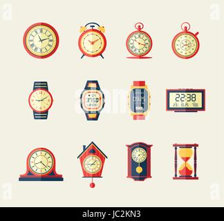 Clocks and Watches - modern vector flat design icons set. Stock Vector