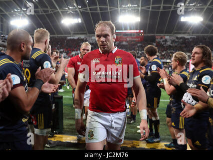 British and Irish Lions' Alun Wyn Jones appears dejected after the tour match at Forsyth Barr Stadium, Dunedin. Stock Photo