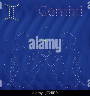 Zodiac sign Gemini contour with tiny stars on the background of blue wavy starry sky, vector illustration