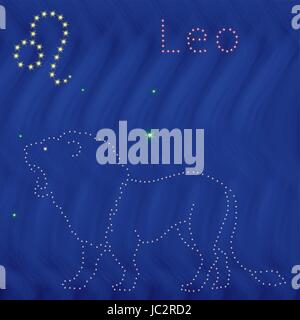Zodiac sign Leo contour with tiny stars on the background of blue wavy starry sky, vector illustration Stock Vector