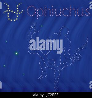 Alternative thirteenth Zodiac sign Ophiuchus contour with tiny stars on the background of blue wavy starry sky, vector illustration Stock Vector