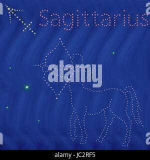 Zodiac sign Sagittarius contour with tiny stars on the background of blue wavy starry sky, vector illustration