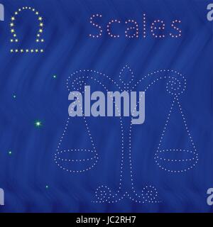 Zodiac sign Libra contour with tiny stars on the background of blue wavy starry sky, vector illustration