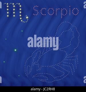 Zodiac sign Scorpio contour with tiny stars on the background of blue wavy starry sky, vector illustration Stock Vector