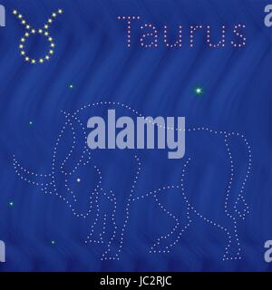 Zodiac sign Taurus contour with tiny stars on the background of blue wavy starry sky, vector illustration