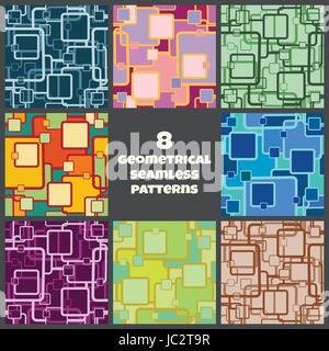 Set of eight abstract seamless geometrical patterns. All patterns saved as swatches. Stock Vector