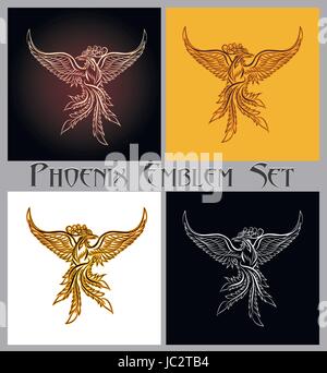 Set of phoenix bird emblem. Design elements for prints, badges, labels and stickers. Vector illustration. Stock Vector