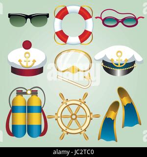 Set of summer beach vacation emblems drawn in cartoon style. Sun and swim glasses, seamans cap, flippers, life buoy, steering wheel, diving mask etc.  Stock Vector