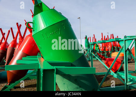 The East Frisian North Sea island Norderney, Germany, a barrel yard in the harbor, a place of storage for sea signs, buoys of the water and shipping o Stock Photo