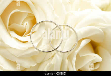 Macro shot of two wedding rings lying on bridal bouquet Stock Photo