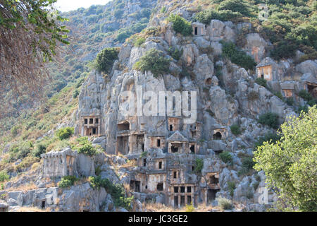 Rock tombs in the cliff face at the ancient ruins of Myra, Demre, Antalya Province, Lycia, Turkey Stock Photo