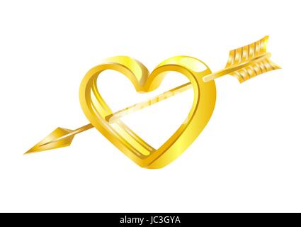 Golden arrow of love in a Golden heart isolated on white for design Valentine and wedding card. Stock Vector