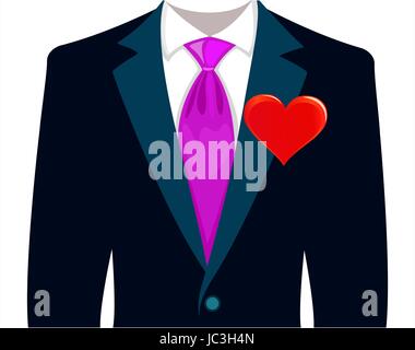 The health of the male heart conceptual image. Bridegroom in a wedding suit with red heart Stock Vector