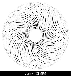 Black dots on half circle paths forming a pattern. Circle with dots in different sizes with a hole in the center. Stock Photo