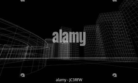 Wireframe view of some buildings with a black background Stock Photo