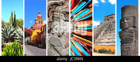 Collection of vertical banners with famous landmarks of Mexico - pyramid of Kukulcan, bas-relief of mayan king Pakal, tower bell in Queretaro, atlante Stock Photo