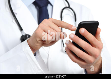 Doctor hands texting on a smart phone isolated on a white background Stock Photo