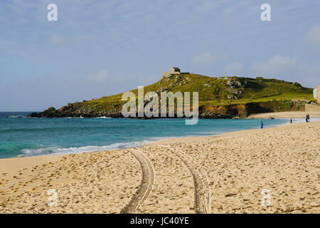Wheel tracks on Porthmeor Beach at St Ives, Cornwall Stock Photo