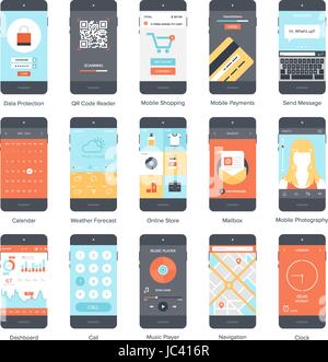 Flat vector collection of modern mobile phones with different user interface elements. Stock Vector