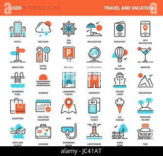 Vector set of travel and vacation flat line web icons. Each icon with adjustable strokes neatly designed on pixel perfect 48X48 size grid. Fully edita Stock Vector