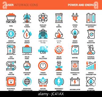 Vector set of power and energy flat line web icons. Each icon with adjustable strokes neatly designed on pixel perfect 48X48 size grid. Fully editable Stock Vector