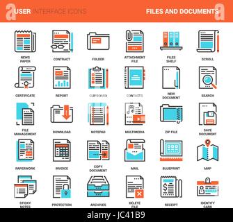 Vector set of files and documents flat line web icons. Each icon with adjustable strokes neatly designed on pixel perfect 48X48 size grid. Fully edita Stock Vector