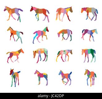 Set of mosaic vector colorful standing, trotting, galloping foals silhouettes isolated on white background Stock Vector