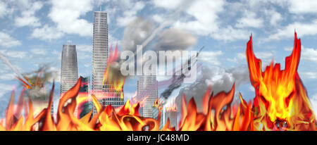 a view of a city engulfed in flames and destruction as the number of the Beast is on us, as the world ends Stock Photo