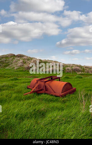lush green field on the coast with an abandoned agricultural heavy roller Stock Photo