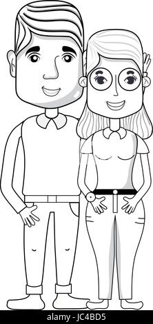 line nice couple with hairstyle and casual clothes Stock Vector