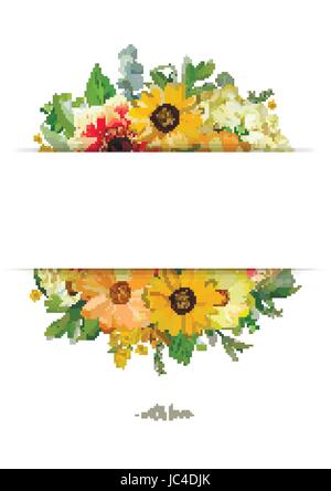 Vector design vertical card. Yellow sunflower soft hydrangea flowers, orange dahlia, eucalyptus, jasmine branches leaves. Elegant summer, autumn blank Stock Vector