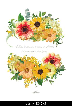 Vector design vertical card, bouquet element collection. Yellow tiny hydrangea flowers, orange dahlia, sunflower eucalyptus, leaves. Elegant summer, a Stock Vector