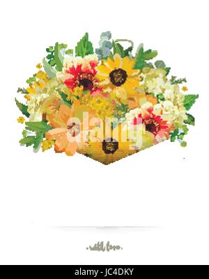 Greeting card with yellow sunflower, dahlia, cosmos flower, eucalyptus packed in white letter envelope. Vector sweet floral illustration Invitation su Stock Vector